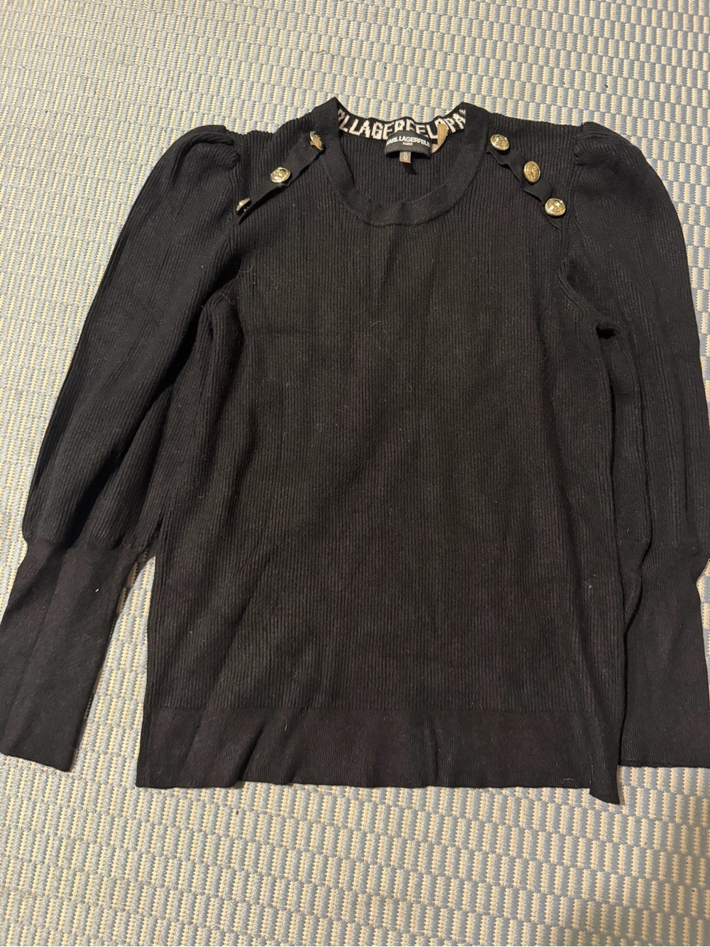 Karl Lagerfeld Black Ribbed Crew Sweater with Gold Buttons